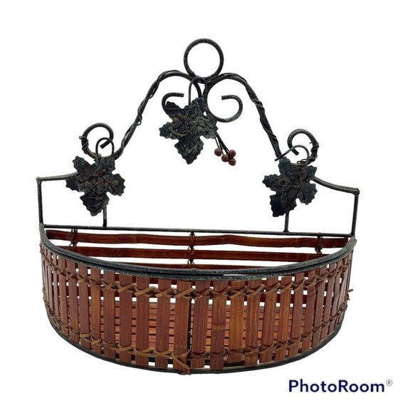 Wall Pocket Basket Semicircle Wood‎ Metal Grape Leaf Scroll Stick Slats Wine - Picture 1 of 15